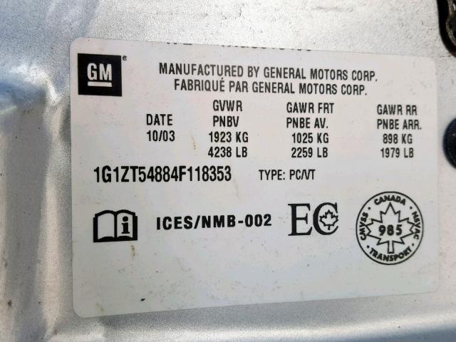 1G1ZT54884F118353 - 2004 CHEVROLET MALIBU LS SILVER photo 10