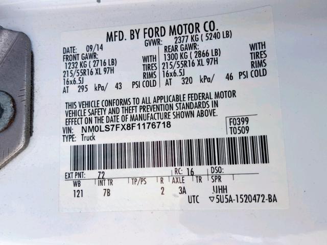 NM0LS7FX8F1176718 - 2015 FORD TRANSIT CO WHITE photo 10