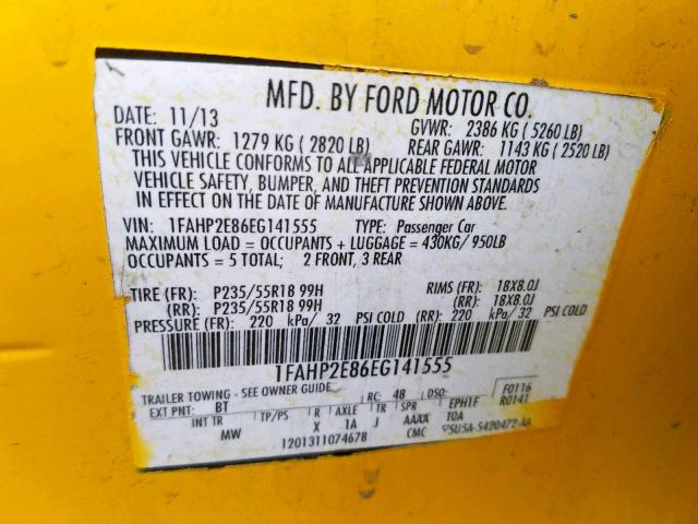 1FAHP2E86EG141555 - 2014 FORD TAURUS SEL YELLOW photo 10