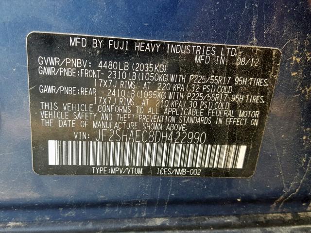 JF2SHAEC8DH422990 - 2013 SUBARU FORESTER L BLUE photo 10