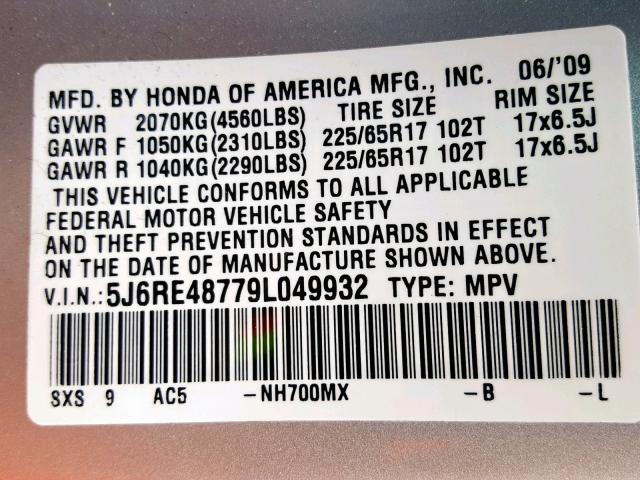 5J6RE48779L049932 - 2009 HONDA CR-V EXL SILVER photo 10