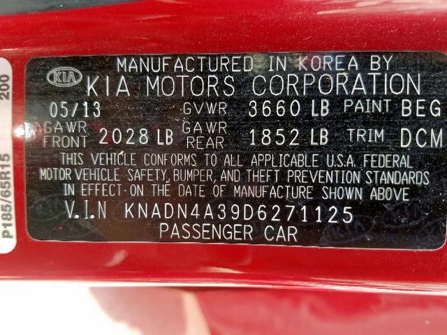 KNADN4A39D6271125 - 2013 KIA RIO EX RED photo 10