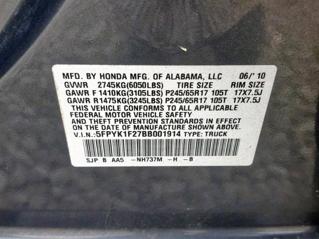 5FPYK1F27BB001914 - 2011 HONDA RIDGELINE GRAY photo 10