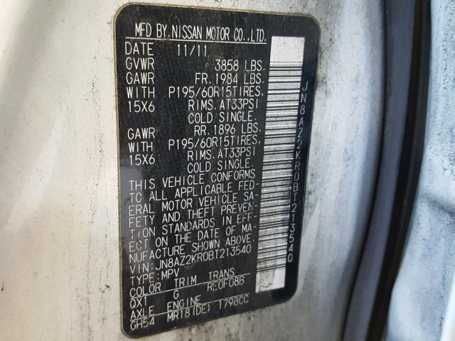 JN8AZ2KR0BT213540 - 2011 NISSAN CUBE BASE WHITE photo 10