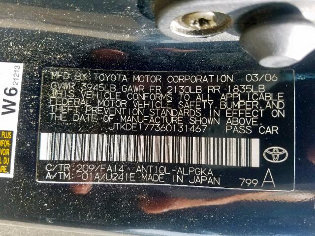 JTKDE177360131467 - 2006 TOYOTA SCION TC შავი ფოტო 10