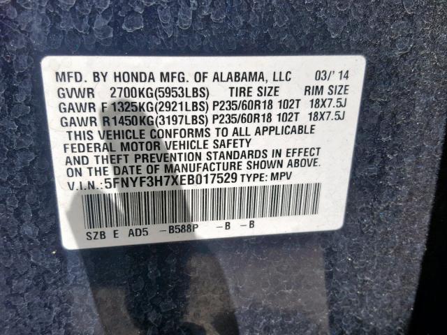 5FNYF3H7XEB017529 - 2014 HONDA PILOT EXLN BLUE photo 10