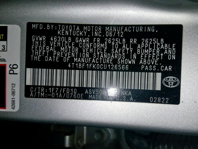 4T1BF1FK0CU126566 - 2012 TOYOTA CAMRY BASE SILVER photo 10