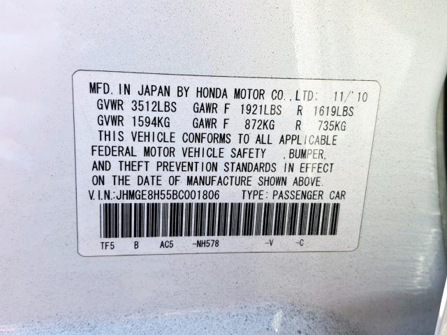 JHMGE8H55BC001806 - 2011 HONDA FIT SPORT WHITE photo 10