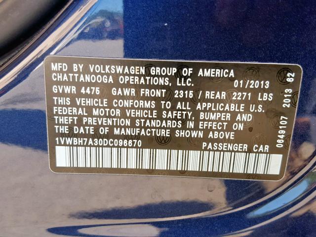 1VWBH7A30DC096670 - 2013 VOLKSWAGEN PASSAT SE BLUE photo 10