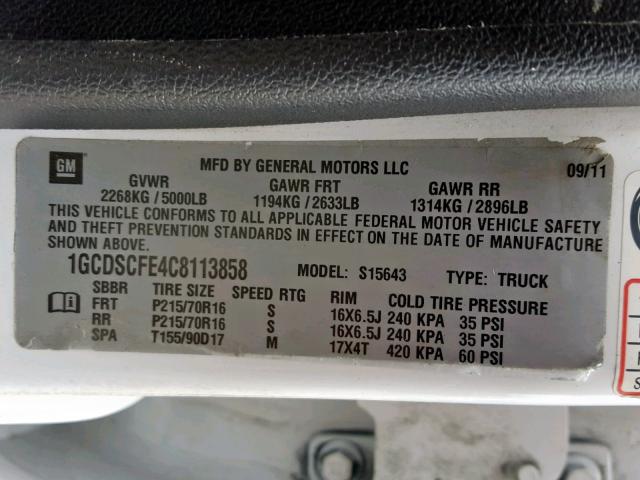 1GCDSCFE4C8113858 - 2012 CHEVROLET COLORADO L WHITE photo 10