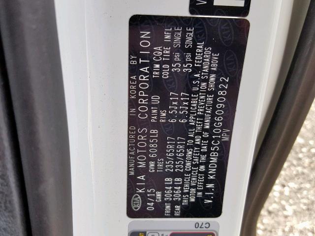 KNDMB5C10G6090822 - 2016 KIA SEDONA LX WHITE photo 10