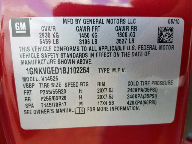 1GNKVGED1BJ102264 - 2011 CHEVROLET TRAVERSE L RED photo 10
