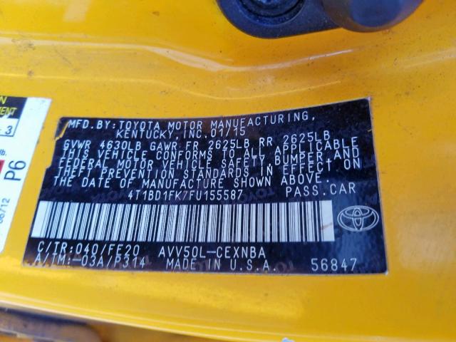 4T1BD1FK7FU155587 - 2015 TOYOTA CAMRY HYBR YELLOW photo 10