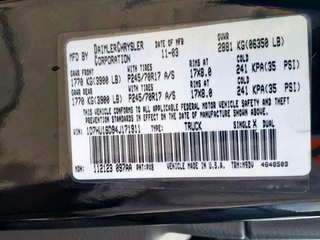 1D7HU16D94J171911 - 2004 DODGE RAM 1500 S BLACK photo 10