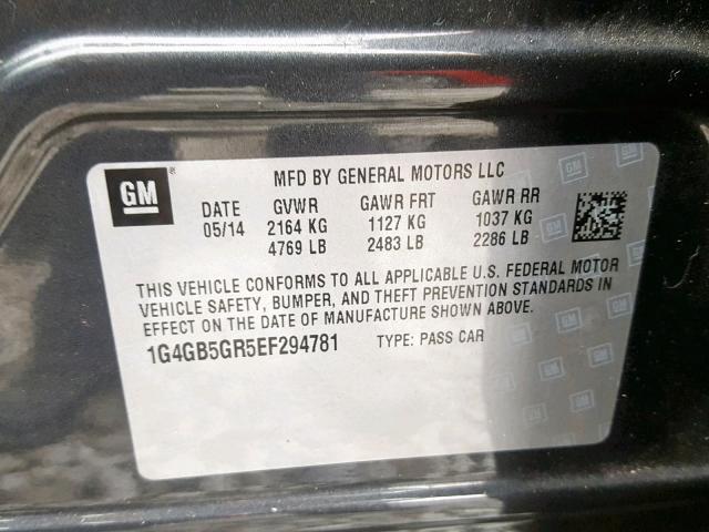 1G4GB5GR5EF294781 - 2014 BUICK LACROSSE CHARCOAL photo 10