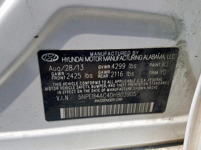 5NPEB4AC4DH803905 - 2013 HYUNDAI SONATA GLS WHITE photo 10