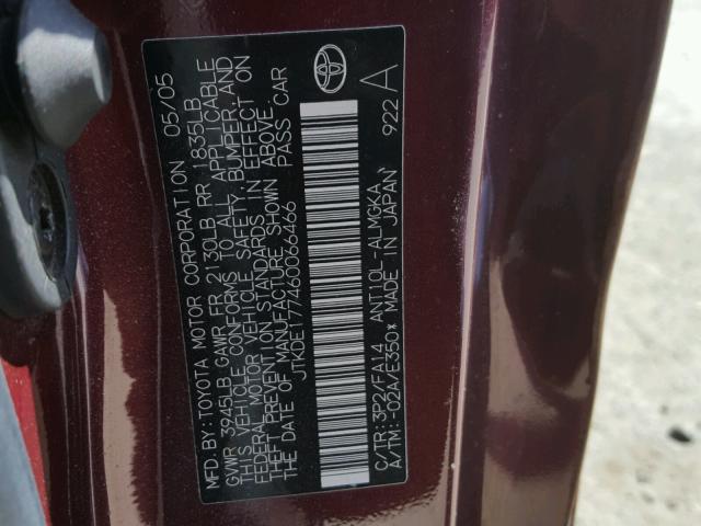 JTKDE177460066466 - 2006 TOYOTA SCION TC მუქწითელი ფოტო 10