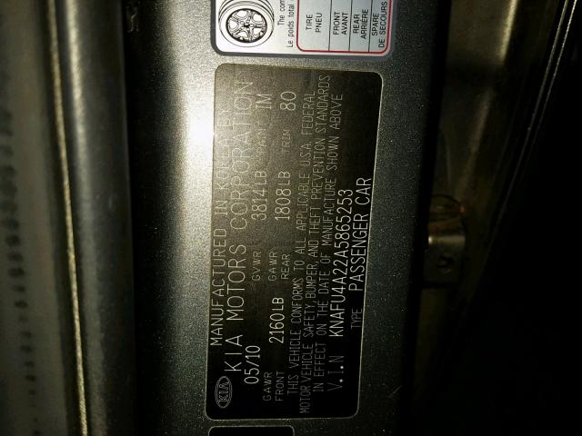 KNAFU4A22A5865253 - 2010 KIA FORTE EX GRAY photo 10