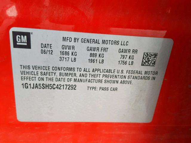1G1JA5SH5C4217292 - 2012 CHEVROLET SONIC LS RED photo 10