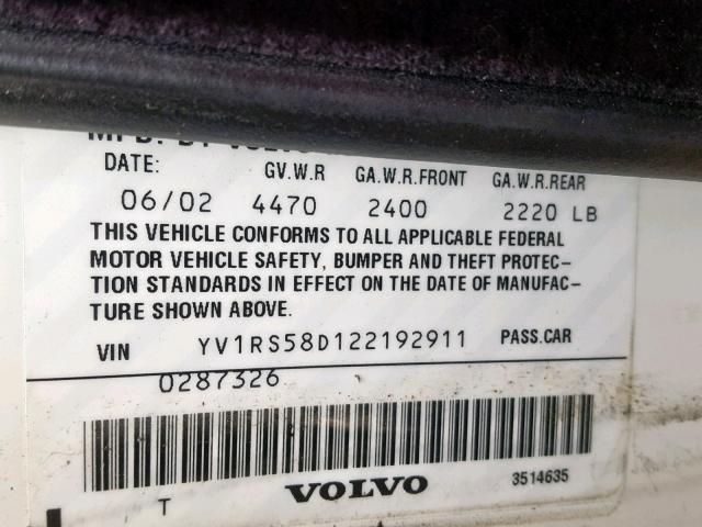 YV1RS58D122192911 - 2002 VOLVO S60 2.4T WHITE photo 10