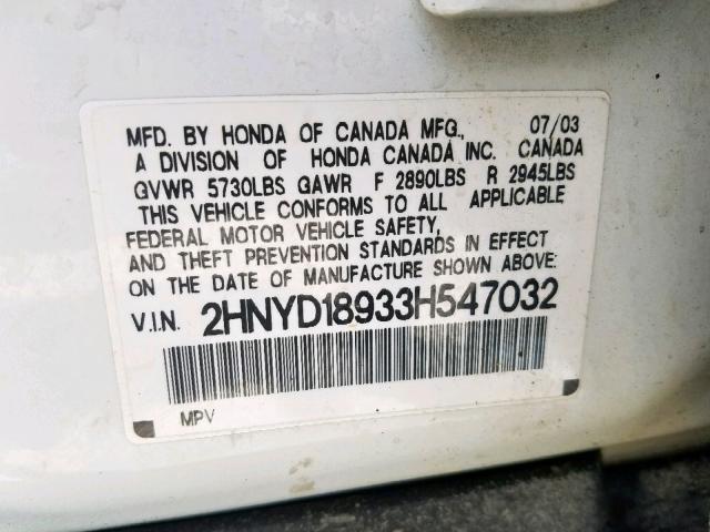 2HNYD18933H547032 - 2003 ACURA MDX TOURIN WHITE photo 10