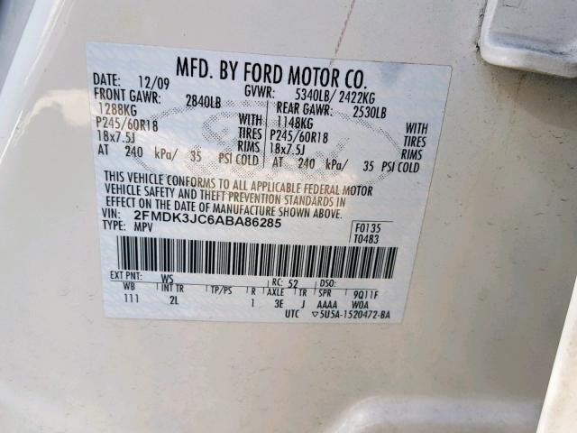 2FMDK3JC6ABA86285 - 2010 FORD EDGE SEL WHITE photo 10