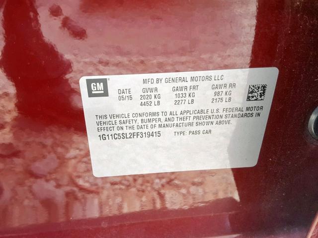1G11C5SL2FF319415 - 2015 CHEVROLET MALIBU 1LT 栗色 照片 10