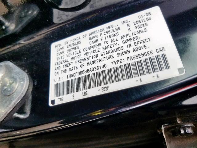 1HGCP36888A036100 - 2008 HONDA ACCORD EXL BLACK photo 10