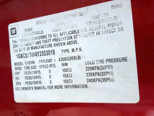 1GKCS13W4Y2353018 - 2000 GMC JIMMY RED photo 10