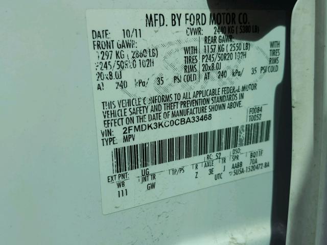 2FMDK3KC0CBA33468 - 2012 FORD EDGE LIMIT WHITE photo 10