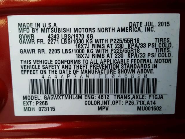 4A4AP3AW1FE046820 - 2015 MITSUBISHI OUTLANDER RED photo 10