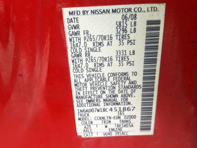 1N6AD07W18C451867 - 2008 NISSAN FRONTIER C RED photo 10