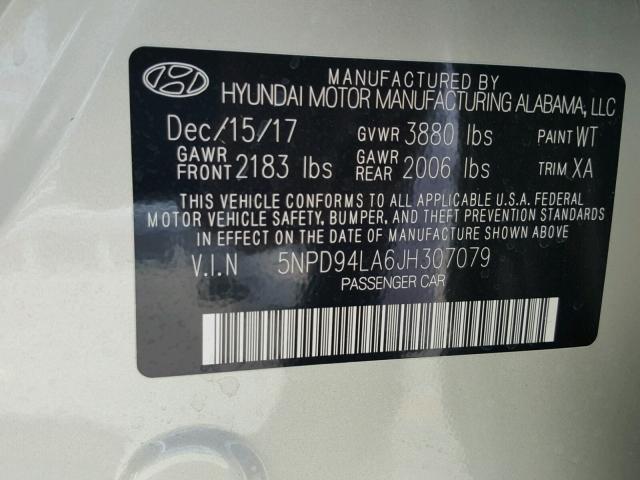 5NPD94LA6JH307079 - 2018 HYUNDAI ELANTRA EC SILVER photo 10