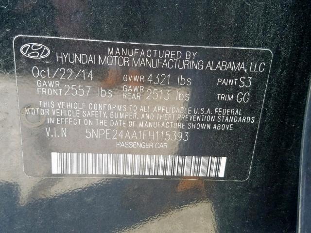 5NPE24AA1FH115393 - 2015 HYUNDAI SONATA ECO BLACK photo 10