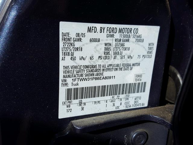 1FTWW31P86EA80911 - 2006 FORD F350 SRW S BLUE photo 10