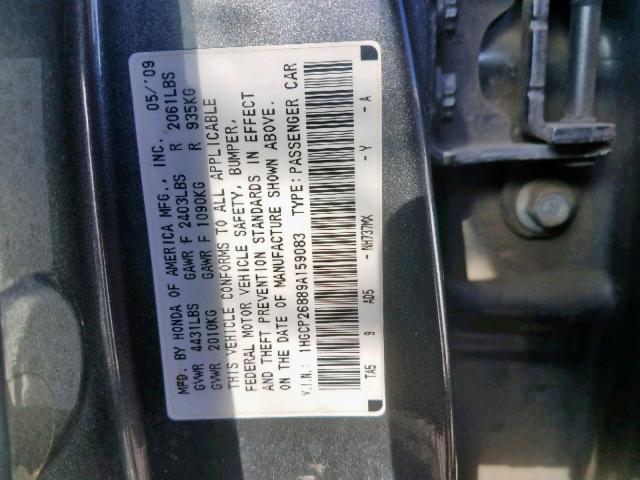 1HGCP26889A159083 - 2009 HONDA ACCORD EXL GRAY photo 10