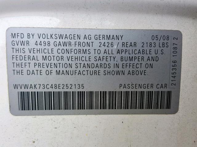 WVWAK73C48E252135 - 2008 VOLKSWAGEN PASSAT KOM WHITE photo 10