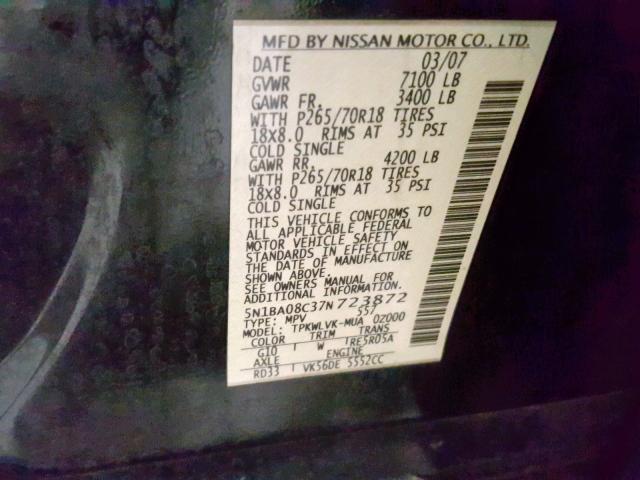 5N1BA08C37N723872 - 2007 NISSAN ARMADA SE BLACK photo 10