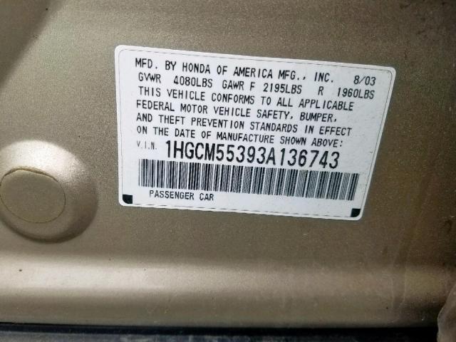 1HGCM55393A136743 - 2003 HONDA ACCORD LX BEIGE photo 10