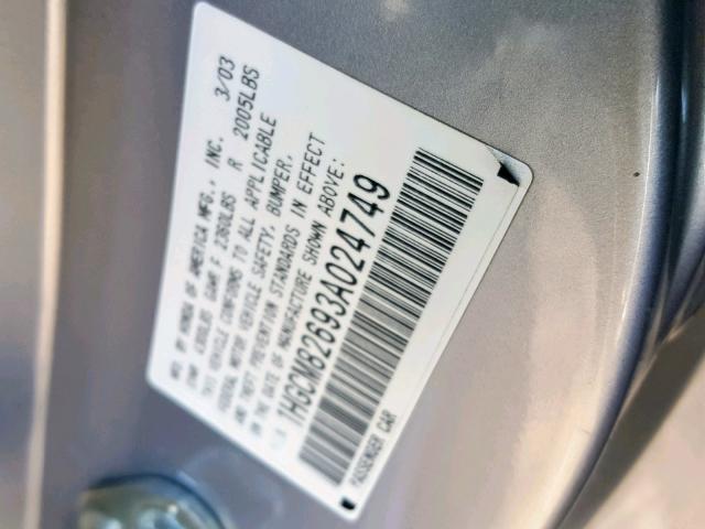 1HGCM82693A024749 - 2003 HONDA ACCORD EX SILVER photo 10