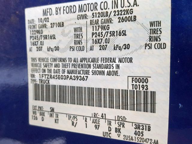 1FTZR45E03PA39367 - 2003 FORD RANGER SUP BLUE photo 10