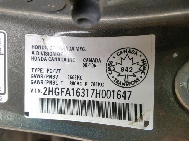 2HGFA16317H001647 - 2007 HONDA CIVIC DX GRAY photo 10