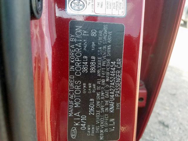 KNAFU4A27A5246454 - 2010 KIA FORTE EX RED photo 10