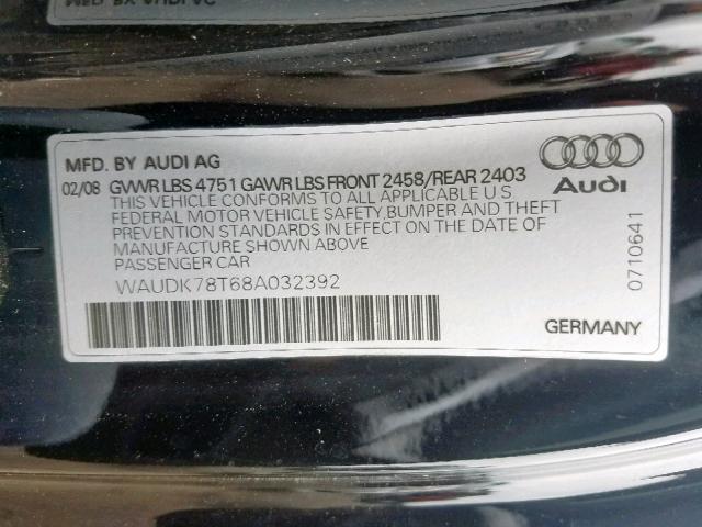 WAUDK78T68A032392 - 2008 AUDI A5 QUATTRO BLACK photo 10