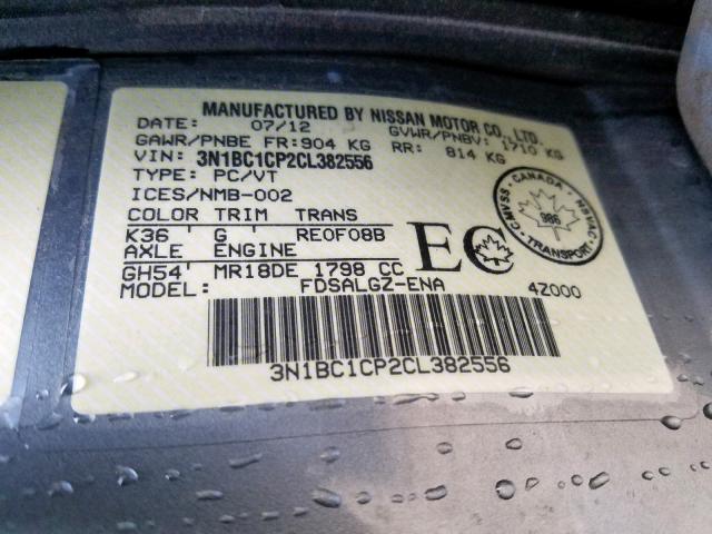 3N1BC1CP2CL382556 - 2012 NISSAN VERSA S SILVER photo 10