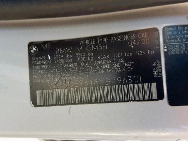 WBSDE9348YBZ96310 - 2000 BMW M5 SILVER photo 10