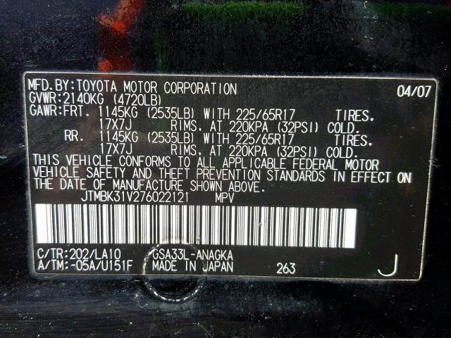 JTMBK31V276022121 - 2007 TOYOTA RAV4 LIMIT BLACK photo 10