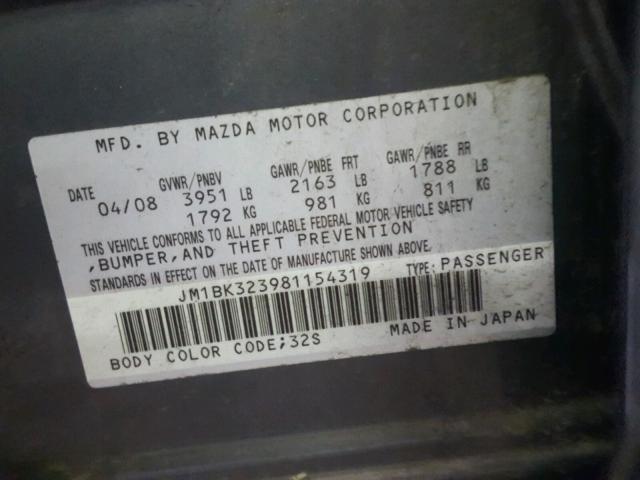 JM1BK323981154319 - 2008 MAZDA 3 S GRAY photo 10