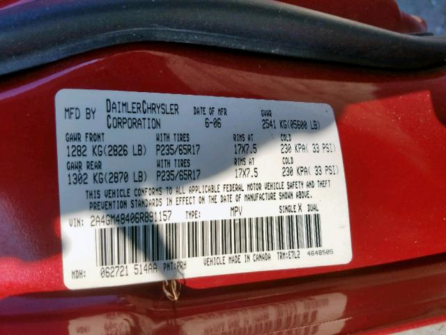 2A4GM48406R891157 - 2006 CHRYSLER PACIFICA BURGUNDY photo 10