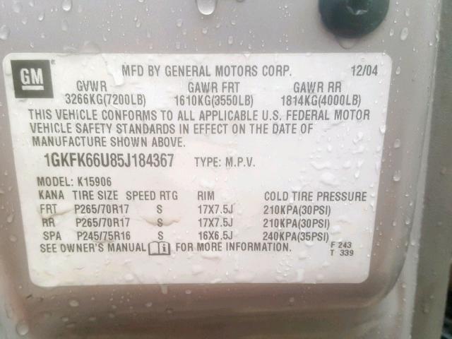 1GKFK66U85J184367 - 2005 GMC YUKON XL D GRAY photo 10